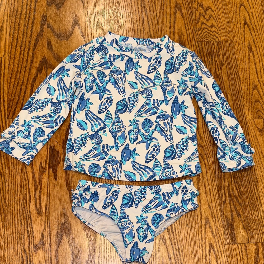 Lilly Pulitzer Blue and White Seashell Kids Rashguard Swim Set